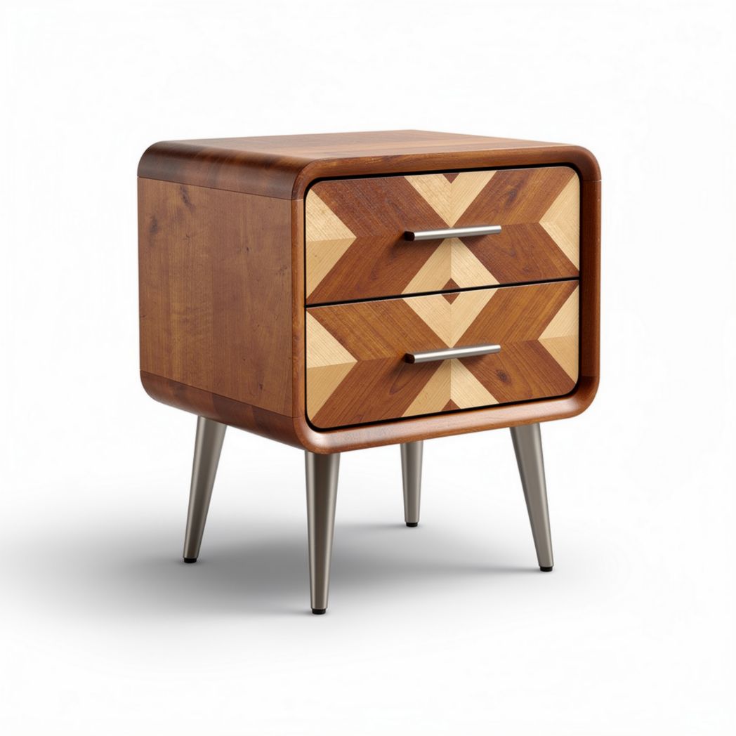 Table de chevet en bois avec motifs géométriques et deux tiroirs 50 x 40 x 50cm