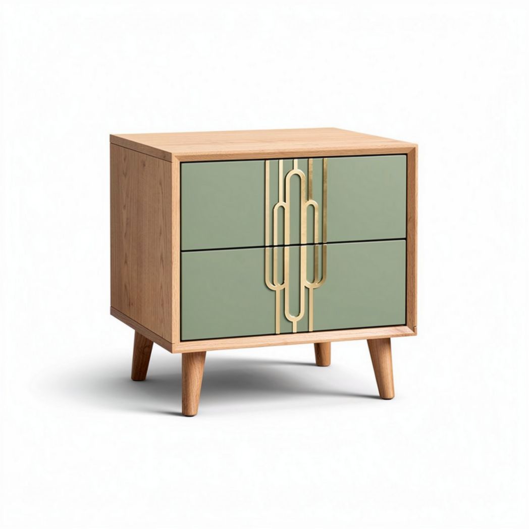 Table de chevet en bois naturel avec façades vertes et anses dorées 60 x 45 x 40cm