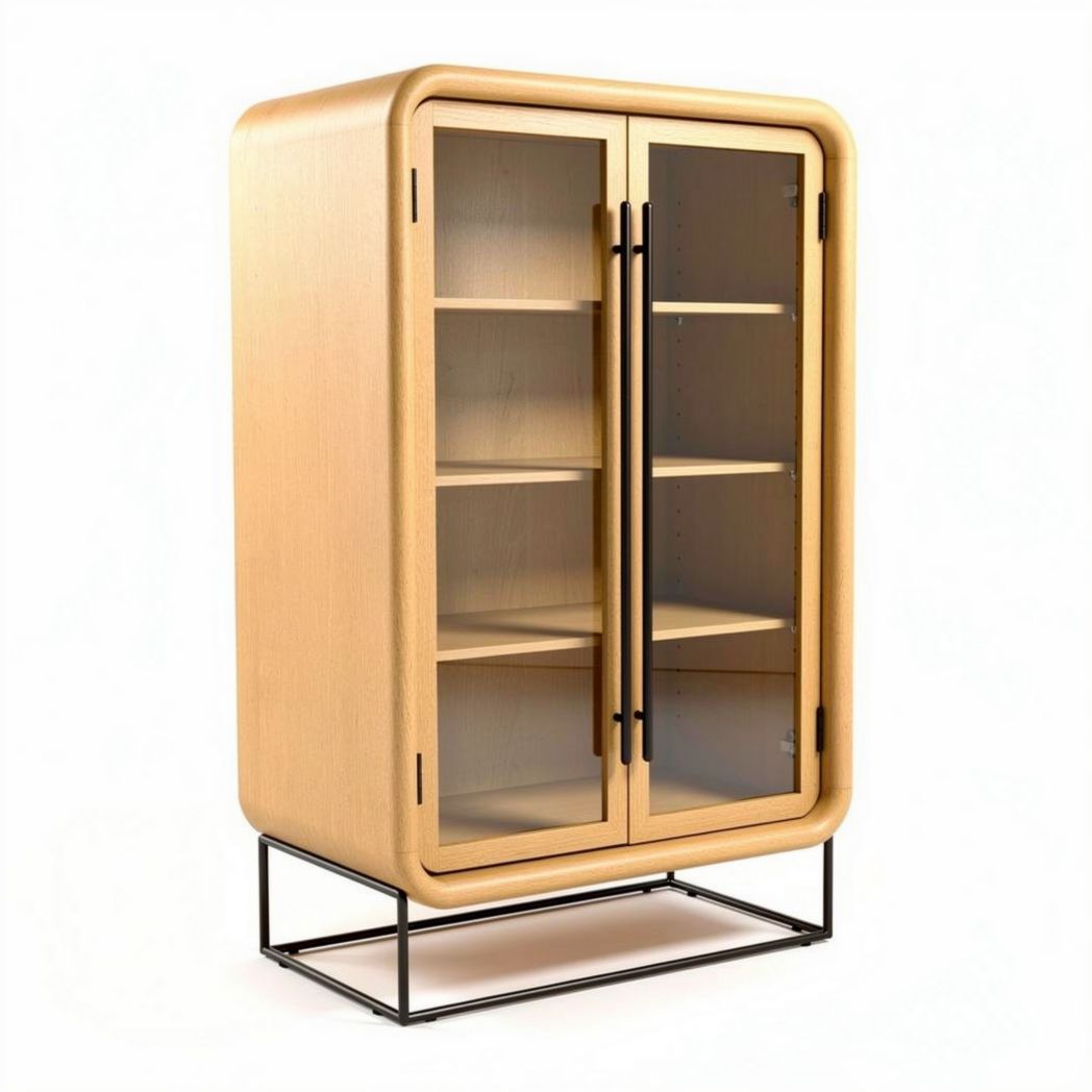 Vitrine en bois clair avec portes vitrées et étagères 90 x 45 x 130cm