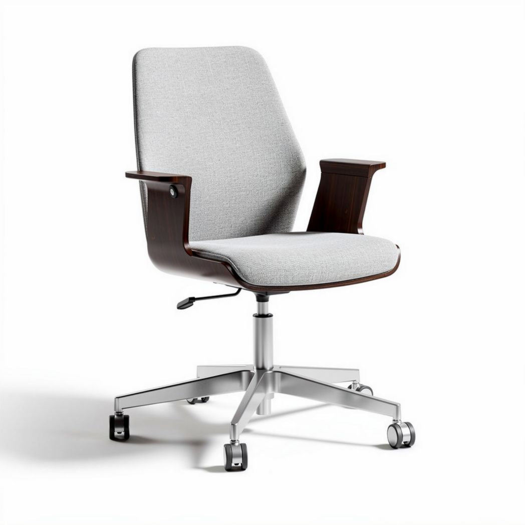 Chaise de bureau en tissu gris avec accoudoirs en bois et base en métal 60 x 60 x 90cm